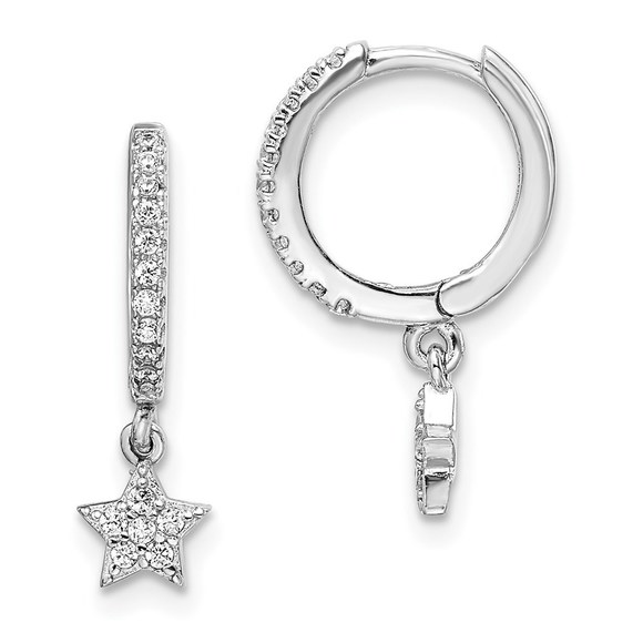 Sterling Silver Rhodium-Plated CZ Hoops with Star Dangle Earrings - Picture 1 of 4